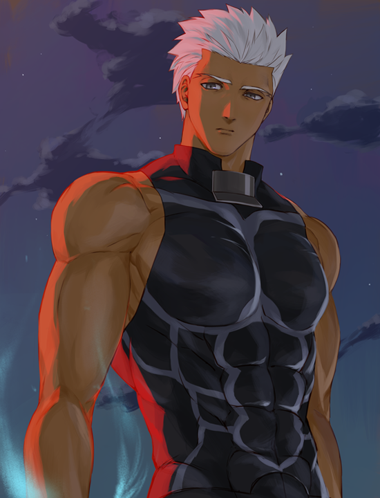 1boy abs alternate_costume archer armor automney bara bare_shoulders breastplate brown_eyes chest closed_mouth clouds cloudy_sky covered_abs covered_navel dark_skin dark_skinned_male fate/grand_order fate/stay_night fate_(series) gradient gradient_clothes looking_at_viewer male_focus manly muscle night night_sky pectorals revealing_clothes sky sleeveless solo star_(sky) tight toned toned_male upper_body white_hair