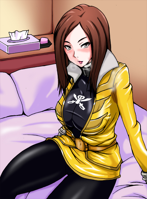 1girl belt breasts brown_hair gloves gokai_yellow kaizoku_sentai_gokaiger long_hair looking_at_viewer luka_millfy midori_(bar_midori) pantyhose solo super_sentai tissue_box