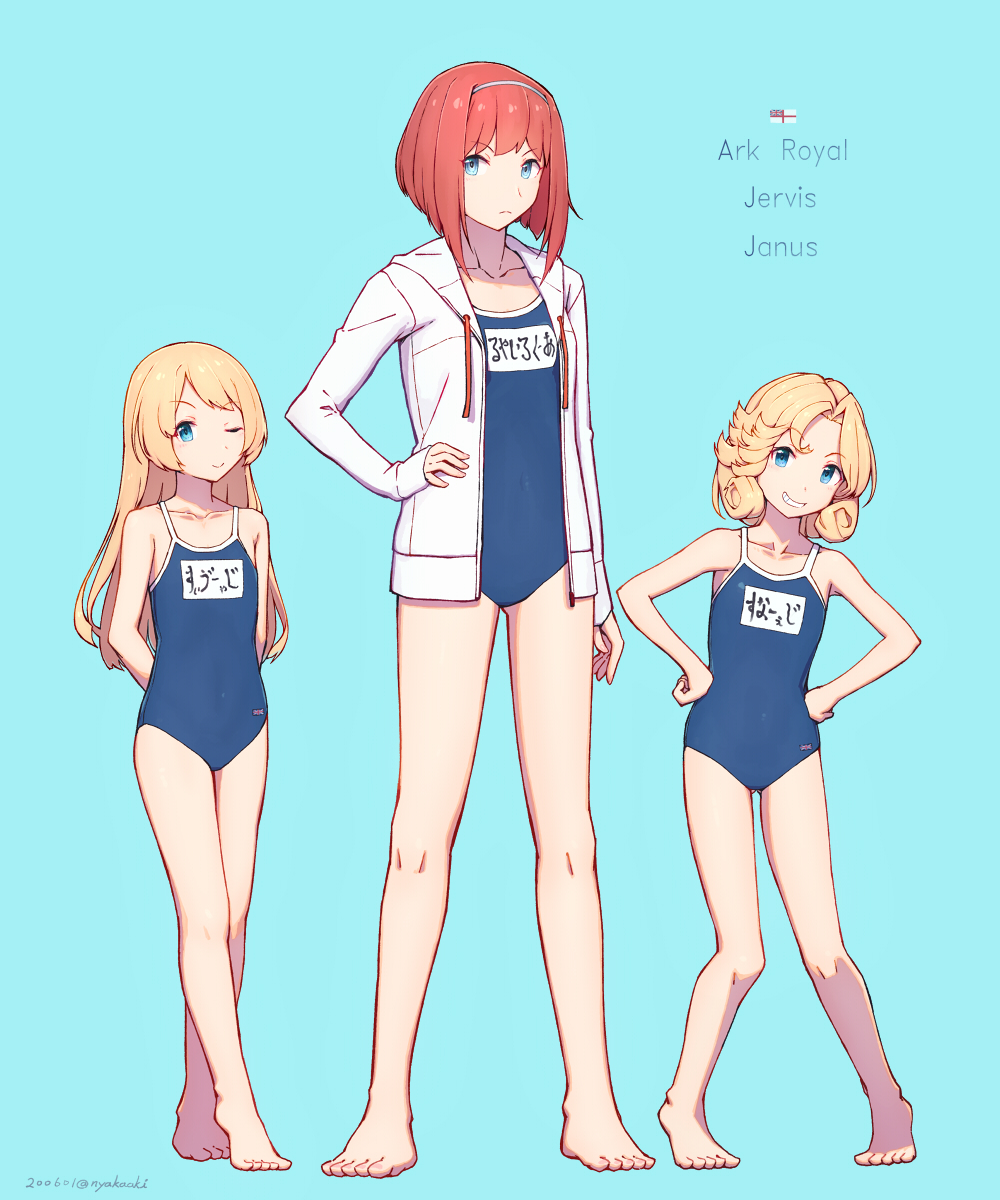 3girls ark_royal_(kantai_collection) bangs blonde_hair blue_eyes blue_swimsuit blunt_bangs bob_cut character_name collarbone commentary_request competition_school_swimsuit flag flat_chest grin hairband hand_on_hip hands_on_hips highres hood hooded_jacket hoodie jacket janus_(kantai_collection) jervis_(kantai_collection) kantai_collection long_hair looking_at_viewer multiple_girls nakaaki_masashi name_tag redhead school_swimsuit short_hair smile standing swimsuit white_jacket