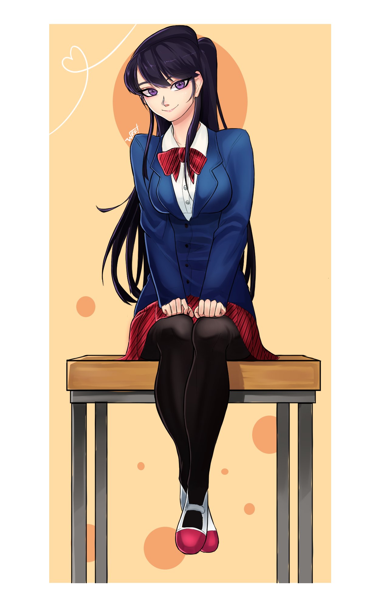 1girl bangs black_legwear blue_jacket border bow bowtie crossed_legs hands_on_lap highres jacket komi-san_wa_komyushou_desu komi_shouko long_hair looking_at_viewer mosaic_background outside_border purple_hair red_skirt school_uniform signature skirt spanish_commentary striped striped_skirt two-tone_background v_arms violet_eyes warfakaid watermark white_background white_border yellow_background