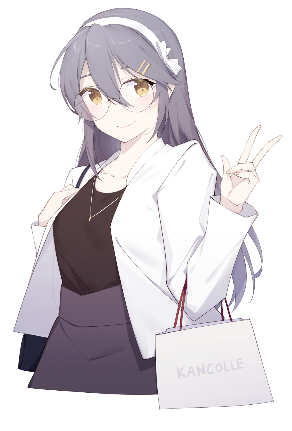 1girl alternate_costume bag bespectacled black_shirt brown_eyes casual glasses grey_hair grey_skirt hair_between_eyes hairband handbag haruna_(kantai_collection) highres ieufg jacket jewelry kantai_collection long_hair looking_at_viewer necklace rimless_eyewear shirt shopping_bag simple_background skirt smile solo upper_body v white_background white_hairband white_jacket