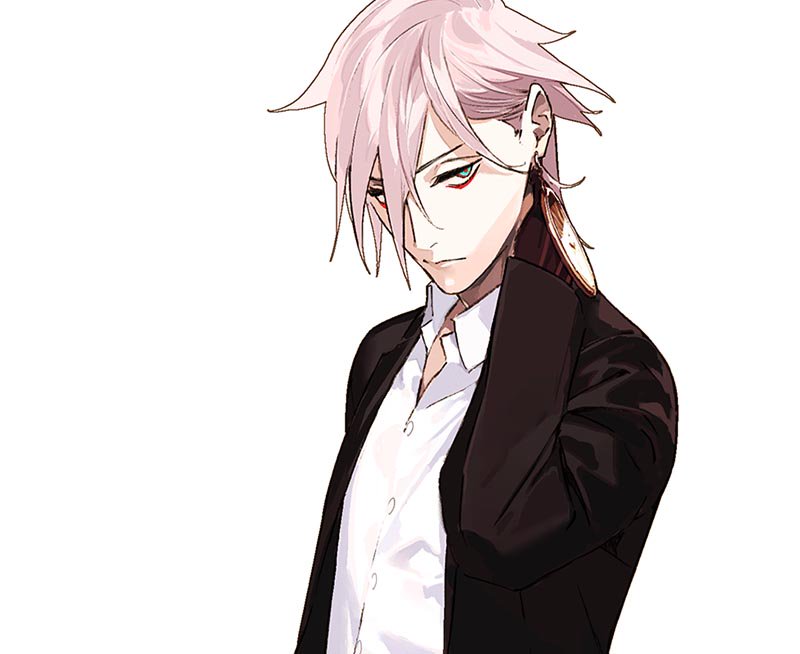 1boy alternate_costume alternate_hairstyle bangs blue_eyes earrings fate/apocrypha fate/extella fate/extra fate/grand_order fate_(series) gloves hair_between_eyes hands_on_own_neck jewelry karna_(fate) looking_at_viewer makeup male_focus one_eye_covered open_clothes open_shirt pako pale_skin shiny shiny_hair shirt single_earring solo upper_body white_background white_hair white_shirt