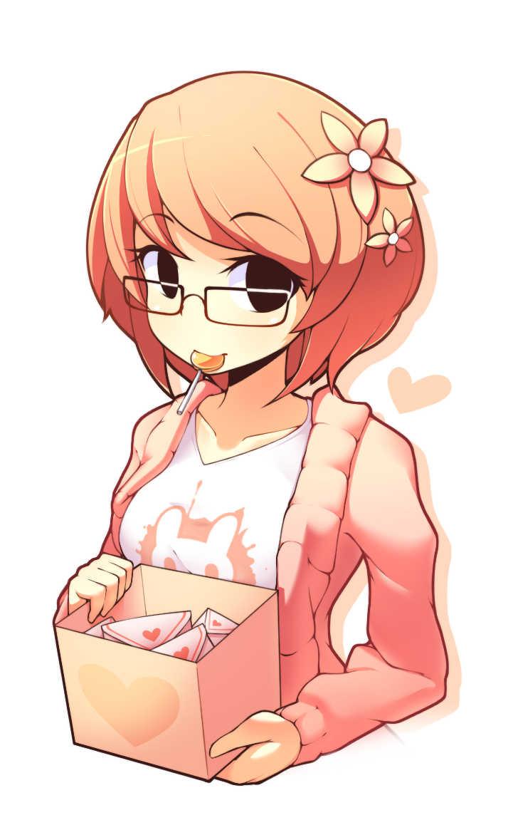 1girl bangs black_eyes blush box breasts brown_hair candy collarbone eyebrows_visible_through_hair fizintine flower food glasses hair_flower hair_ornament heart holding holding_box letter lollipop long_sleeves looking_at_viewer love_letter luna_(fizintine) original pink_sweater rectangular_eyewear shirt short_hair small_breasts solo sweater swept_bangs upper_body white_background white_shirt