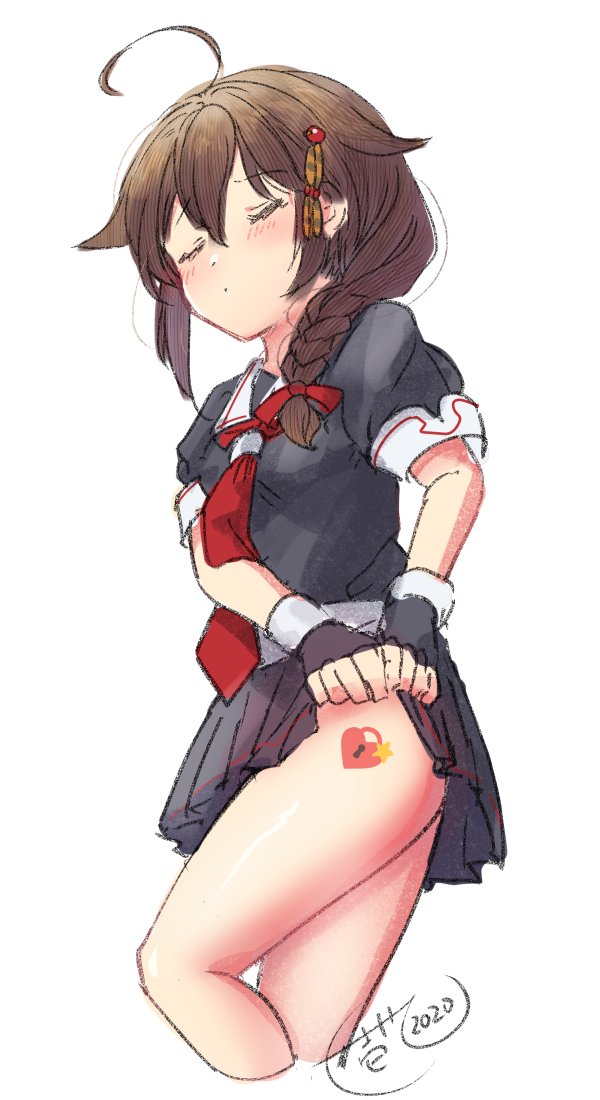 1girl ahoge black_hair black_serafuku braid closed_eyes cowboy_shot dated hair_flaps hair_ornament hair_over_shoulder heart_lock_(kantai_collection) ittokyu kantai_collection lifted_by_self neckerchief red_neckwear remodel_(kantai_collection) sailor_collar school_uniform serafuku shigure_(kantai_collection) signature simple_background single_braid skirt skirt_lift solo standing tattoo white_background white_sailor_collar