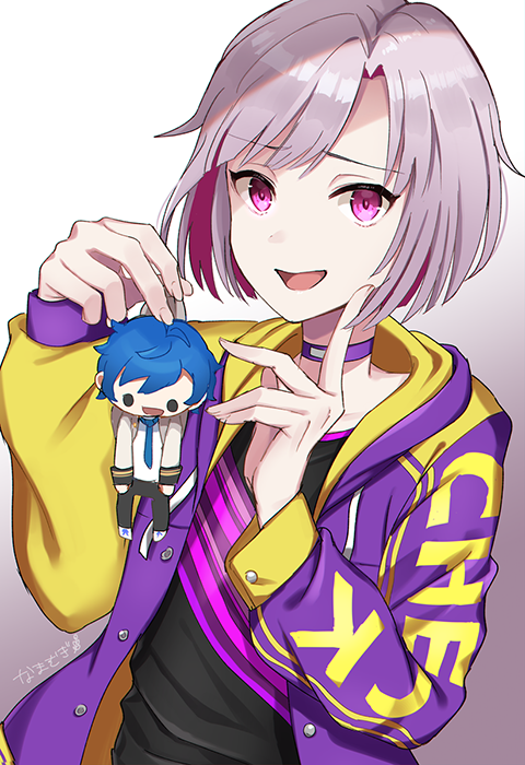 1boy argonavis_from_bang_dream! bang_dream! character_doll choker clothes_writing finger_to_mouth gradient gradient_background hood hooded_jacket hoodie jacket lavender_hair male_focus mugi_(iccomae) nanahoshi_ren pink_eyes solo ujigawa_shuu