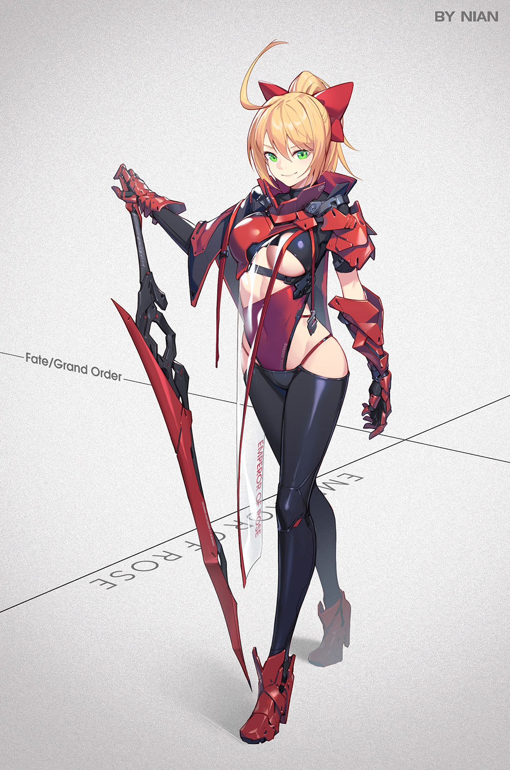 1girl aestus_estus ahoge armor artist_name bangs black_legwear blonde_hair bow breasts commentary_request copyright_name criss-cross_halter crossed_legs fate/extra fate/extra_ccc fate/grand_order fate_(series) full_body green_eyes grey_background groin hair_between_eyes hair_bow halterneck highres holding holding_sword holding_weapon idol_emperor large_breasts looking_at_viewer nero_claudius_(fate)_(all) nian planted_sword planted_weapon red_bow see-through smile standing sword thighs vambraces watson_cross weapon