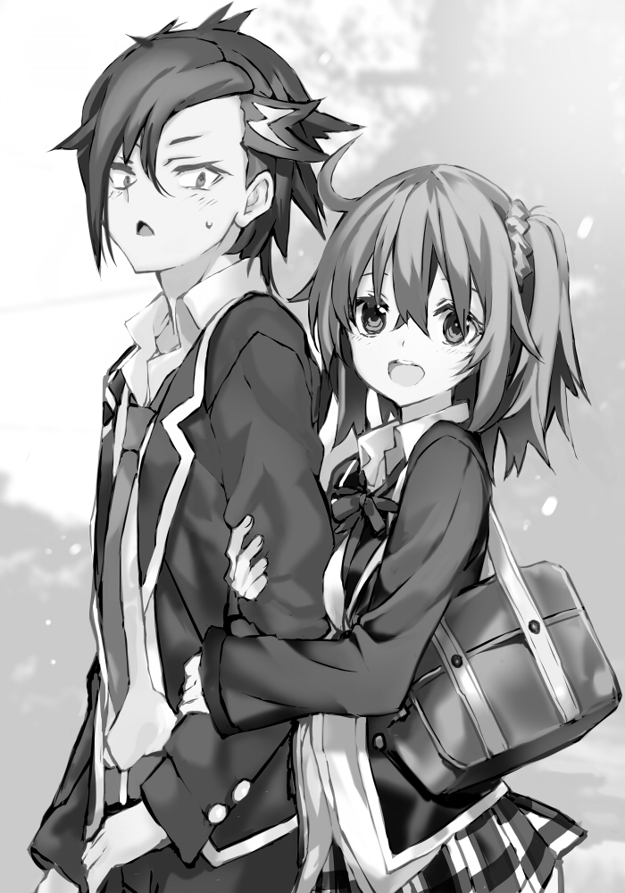 1boy 1girl :d bag blazer collared_shirt commentary_request contemporary cosplay dress_shirt fate/grand_order fate_(series) fujimaru_ritsuka_(female) greyscale hair_ornament hair_scrunchie hikigaya_hachiman hikigaya_hachiman_(cosplay) jacket look-alike mandricardo_(fate/grand_order) monochrome necktie one_side_up open_mouth school_bag school_uniform scrunchie shino_(eefy) shirt smile sweatdrop triangle_mouth untucked_shirt yahari_ore_no_seishun_lovecome_wa_machigatteiru. yuigahama_yui yuigahama_yui_(cosplay)