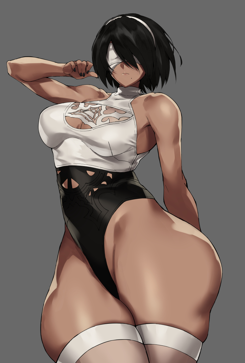 alternate_color arm_behind_back bare_shoulders black_hair blindfold bnc_(bunshi) breasts dark_skin grey_background hairband highleg medium_breasts mole mole_under_mouth nier_(series) nier_automata short_hair simple_background skindentation thick_thighs thigh-highs thighs white_legwear wide_hips yorha_no._2_type_b