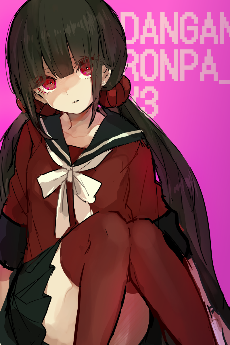 1girl bangs black_sailor_collar black_skirt blunt_bangs brown_hair collarbone copyright_name dangan_ronpa eyebrows_visible_through_hair hair_ornament harukawa_maki highres long_hair looking_at_viewer miniskirt new_dangan_ronpa_v3 parted_lips pink_background pleated_skirt red_eyes red_legwear red_shirt sailor_collar sailor_shirt school_uniform serafuku shiny shiny_hair shirt sitting sketch skirt sleeves_rolled_up solo thigh-highs twintails umesasami very_long_hair zettai_ryouiki