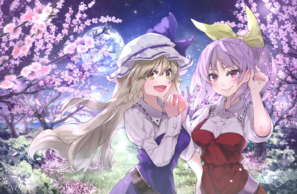 2girls :d bangs belt black_belt bow breasts brown_eyes cherry_blossoms commentary_request dress eyebrows_visible_through_hair food fruit grass grey_hair hair_between_eyes hair_ribbon hand_up hands_up hat hat_bow holding holding_food holding_fruit juliet_sleeves long_hair long_sleeves looking_at_viewer medium_breasts mob_cap multiple_girls night night_sky open_mouth outdoors peach pink_eyes puffy_sleeves purple_bow purple_dress purple_hair red_dress ribbon shirt short_sleeves siblings sisters sky smile syuri22 touhou upper_body very_long_hair watatsuki_no_toyohime watatsuki_no_yorihime white_headwear white_shirt yellow_ribbon
