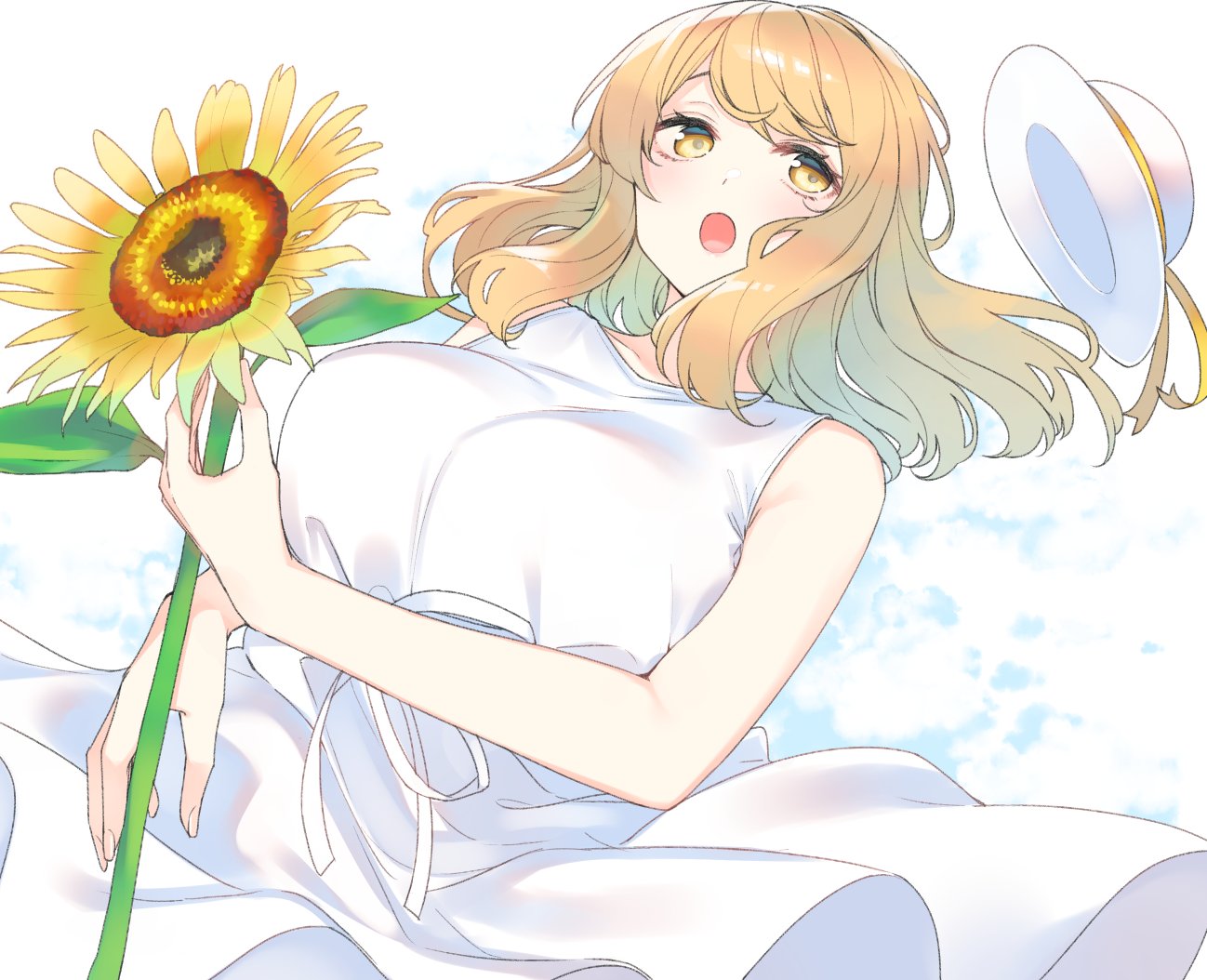 1girl blonde_hair blush breasts copyright_request dress fingernails floating_hat flower hat hat_ribbon holding holding_flower huge_breasts medium_hair nekoume open_mouth ribbon solo sunflower white_dress white_headwear white_ribbon yellow_eyes yellow_ribbon