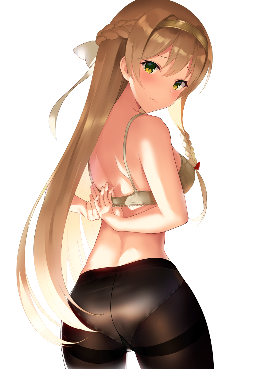 1girl ass atelier_(series) atelier_ryza back bangs black_legwear blonde_hair blush bra braid braided_bangs braiding_hair caburi_cat crotch_seam hair_ribbon hairband hairdressing highres klaudia_valentz long_hair looking_back panties panties_under_pantyhose pantyhose ribbon solo thighband_pantyhose underwear white_background white_panties yellow_bra yellow_eyes