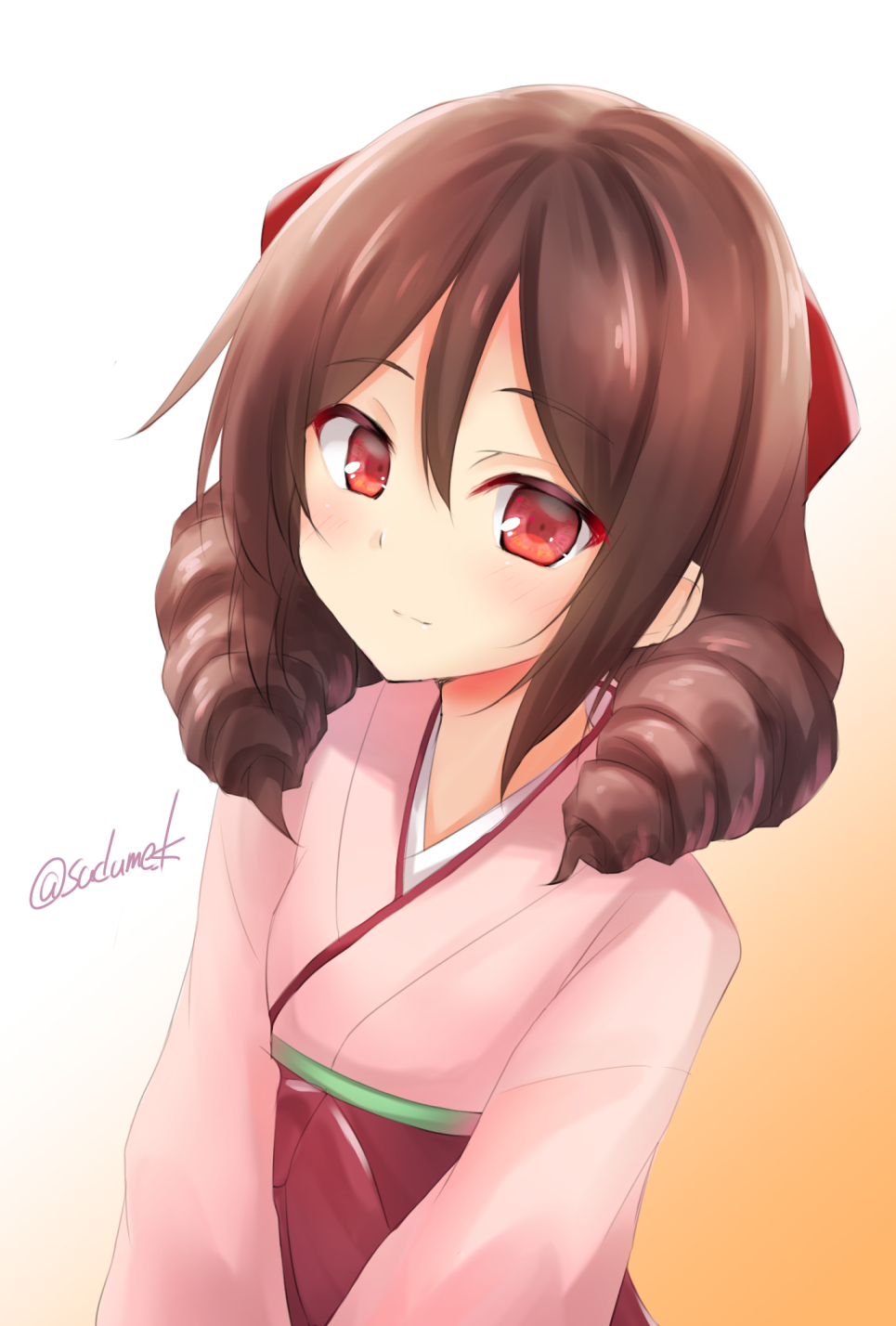 1girl bow brown_hair commentary_request drill_hair gradient gradient_background hair_bow hakama harukaze_(kantai_collection) highres japanese_clothes kamijou_sadame kantai_collection kimono long_hair looking_at_viewer meiji_schoolgirl_uniform orange_background pink_kimono red_bow red_eyes red_hakama solo twin_drills twitter_username upper_body white_background