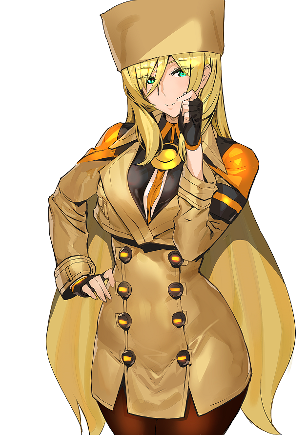 1girl :| armband ashiomi_masato black_gloves blonde_hair brown_jacket brown_legwear closed_mouth fur_hat gloves guilty_gear guilty_gear_strive hand_on_hip hand_on_own_face hat jacket long_hair millia_rage pantyhose solo