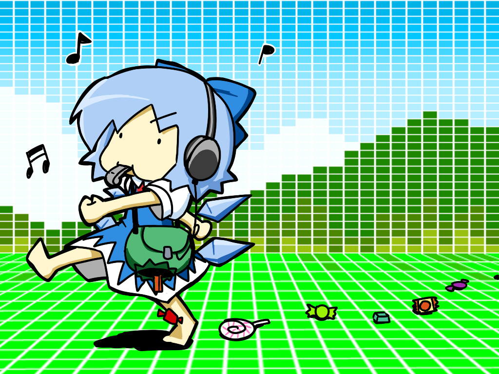 ._. 1girl bag barefoot blouse blue_dress blue_hair blue_ribbon candy child cirno clenched_hands collared_shirt dress eyebrows eyebrows_visible_through_hair falling food headphones ice ice_wings musical_note pon_(0737) red_neckwear ribbon satchel shirt short_hair solo touhou walking whistle wings
