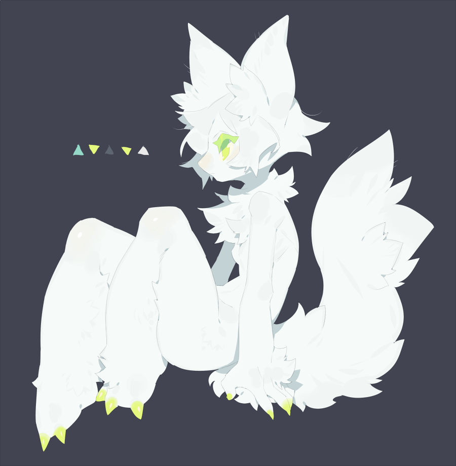 10r_(tulipano) 1girl animal_ears black_background blush breasts claws color_guide commentary_request copyright_request full_body furry green_eyes looking_away profile ribs short_hair simple_background sitting small_breasts snout solo tail white_fur white_hair