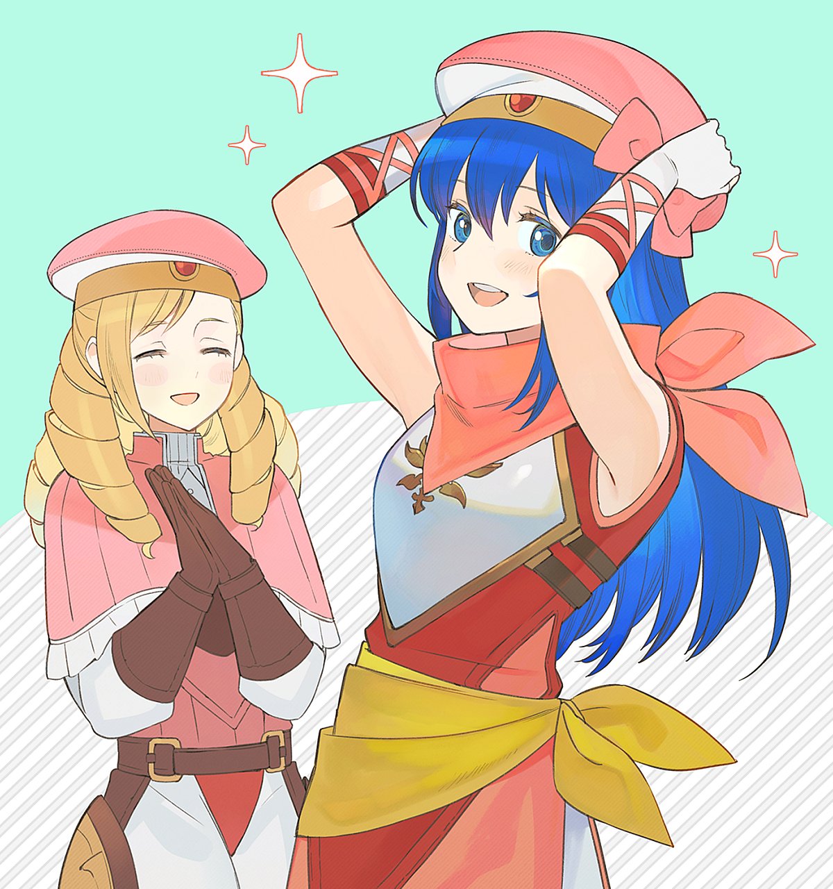 1boy 1girl arms_up belt blonde_hair blue_eyes blue_hair caeda_(fire_emblem) closed_eyes fire_emblem fire_emblem:_mystery_of_the_emblem fire_emblem_fates fire_emblem_heroes forrest_(fire_emblem) gloves hat highres kyufe long_hair open_mouth scarf upper_body white_gloves younger