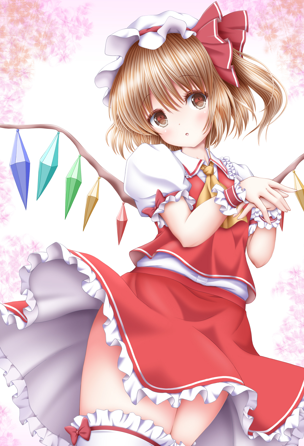 1girl :o akino_irori bangs blonde_hair cherry_blossoms commentary_request cravat cropped_legs day eyebrows_visible_through_hair flandre_scarlet hands_together hat hat_ribbon head_tilt highres looking_at_viewer mob_cap one_side_up outdoors petticoat puffy_short_sleeves puffy_sleeves red_skirt red_vest ribbon shirt short_hair short_sleeves skirt skirt_set solo thigh-highs touhou vest white_headwear white_legwear white_shirt wind wind_lift wings wrist_cuffs yellow_neckwear