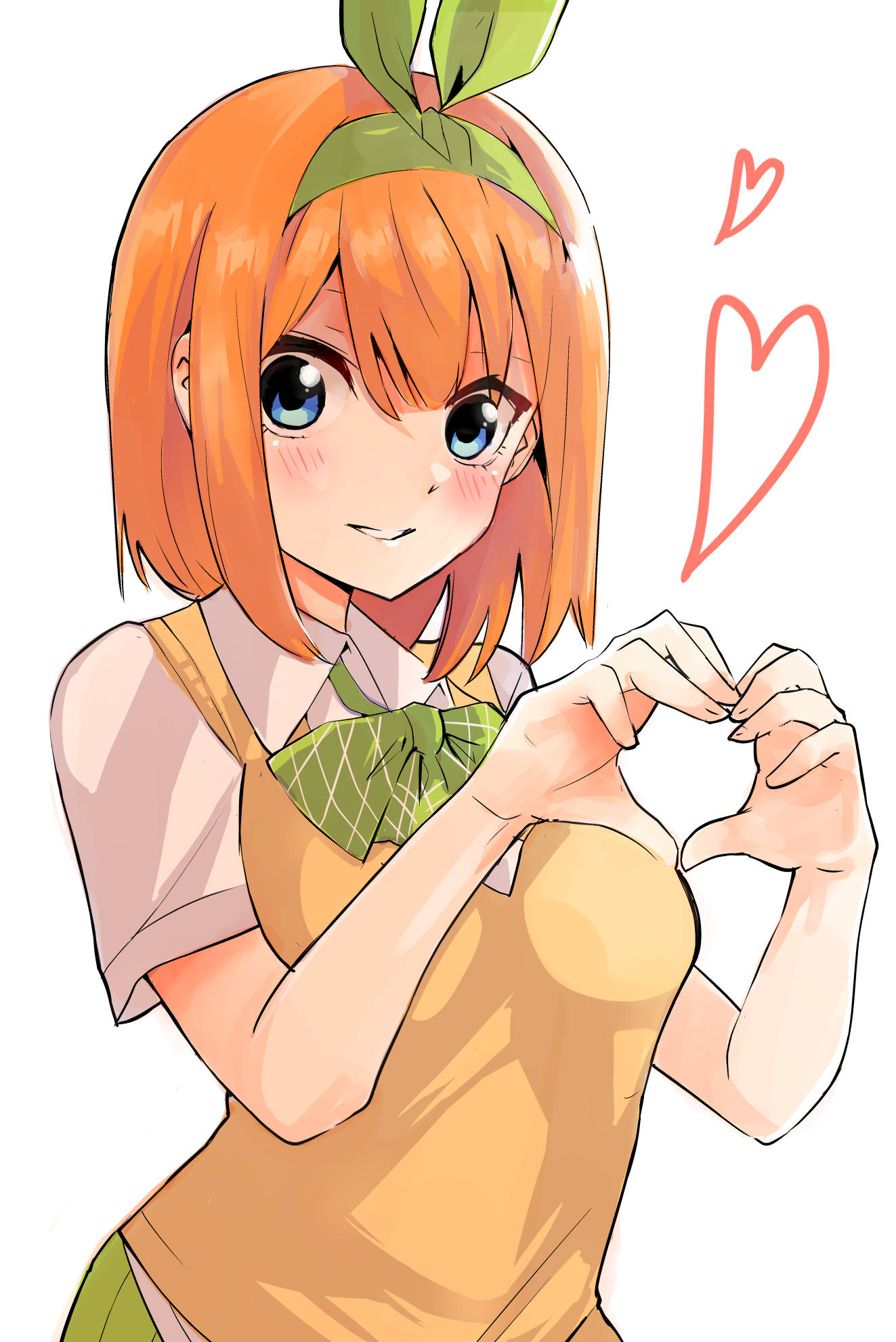 1girl bangs blue_eyes blush bow bowtie cowboy_shot go-toubun_no_hanayome green_bow green_hairband green_neckwear green_ribbon green_skirt hair_ribbon hairband heart heart_hands highres lava123 looking_at_viewer medium_hair nakano_yotsuba orange_hair ribbon simple_background skirt smile solo sweater_vest white_background yellow_sweater_vest