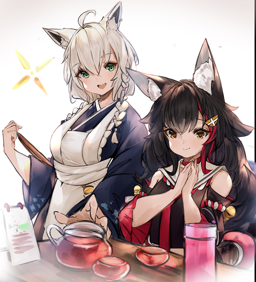 2girls :d ahoge alternate_costume alternate_hairstyle animal_ear_fluff animal_ears apron bell black_hair blue_kimono braid breasts choker commentary cowboy_shot crop_top detached_sleeves drink earrings enmaided eyebrows_visible_through_hair eyelashes fox_ears green_eyes hair_between_eyes hair_ornament hands_together hololive japanese_clothes jewelry kimono kouhaku_nawa long_hair looking_at_viewer maid majo_(pastamajo) medium_breasts multicolored_hair multiple_girls ookami_mio open_mouth pot red_choker redhead shirakami_fubuki side_braids simple_background sitting smile streaked_hair table twin_braids two-tone_hair virtual_youtuber waitress white_background wide_sleeves wolf_ears yellow_eyes