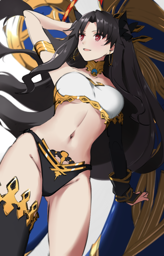 1girl black_hair black_legwear black_ribbon breasts earrings fate/grand_order fate_(series) hair_ribbon hand_up heavenly_boat_maanna hoop_earrings ishtar_(fate)_(all) ishtar_(fate/grand_order) jewelry long_hair looking_away looking_to_the_side medium_breasts navel open_mouth rain_(nadroj31) red_eyes ribbon single_thighhigh smile solo thigh-highs two_side_up