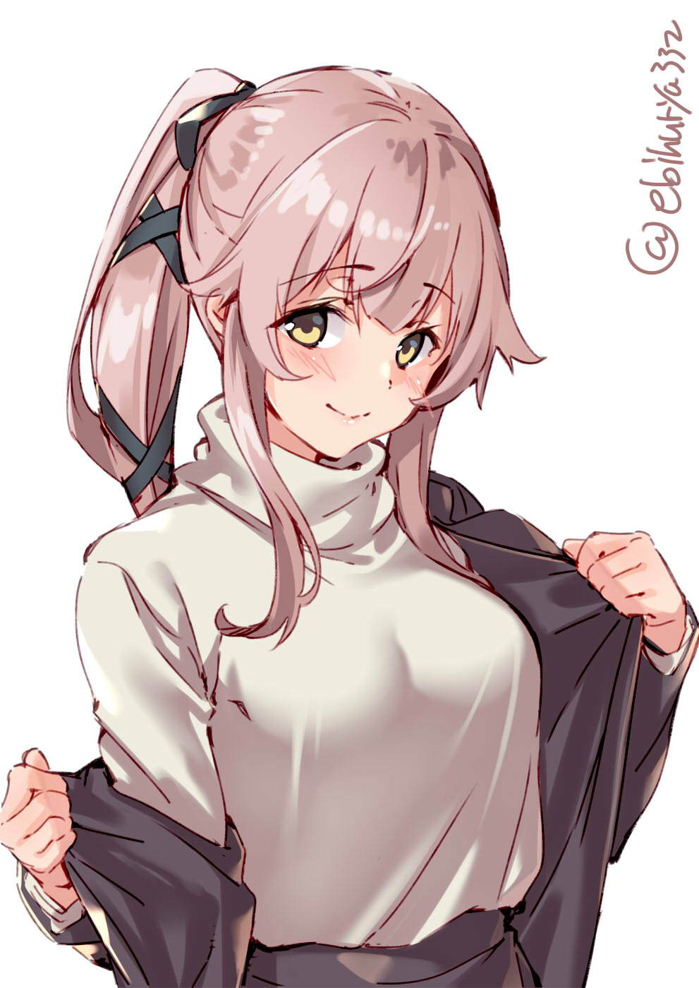 1girl alternate_costume blush breasts casual ebifurya from_side green_eyes hair_flaps hair_ribbon highres jacket kantai_collection large_breasts long_hair looking_at_viewer pink_hair ponytail removing_coat ribbon simple_background smile solo sweater upper_body very_long_hair white_background white_sweater yellow_eyes yura_(kantai_collection)