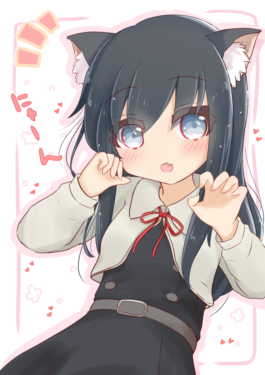 1girl :o animal_ear_fluff animal_ears asashio_(kantai_collection) bangs black_dress black_hair blue_eyes blush cat_ears claw_pose commentary_request dress eyebrows_visible_through_hair eyes_visible_through_hair fang grey_jacket hair_over_one_eye hands_up heart highres jacket kantai_collection long_hair long_sleeves neck_ribbon notice_lines open_mouth red_ribbon remodel_(kantai_collection) ribbon ridy_(ri_sui) solo translation_request white_background