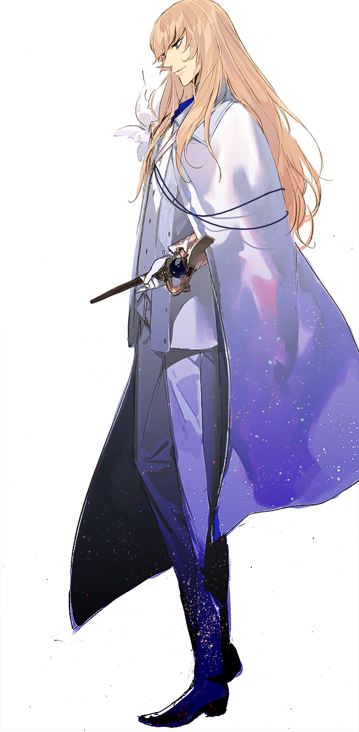 1boy bangs blonde_hair cape fate/grand_order fate_(series) flower formal from_side gloves highres kirschtaria_wodime long_hair long_sleeves pako pants shiny shiny_hair smile solo staff starry_sky_print suit white_background white_cape white_gloves