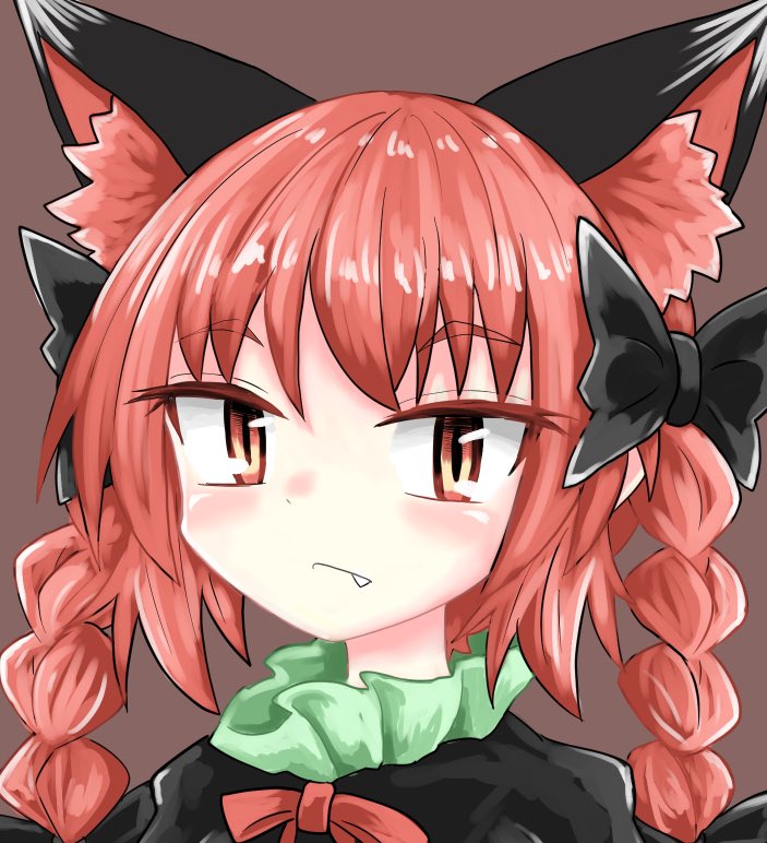 1girl animal_ears black_bow black_ribbon bow braid brown_background cat_ears chups dress eyebrows_visible_through_hair face fang frilled_dress frills green_frills kaenbyou_rin red_eyes red_neckwear redhead ribbon touhou twin_braids