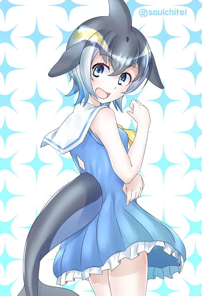 1girl aqua_eyes black_hair blonde_hair blowhole blue_dress common_dolphin_(kemono_friends) dolphin_tail dress eyebrows_visible_through_hair fins frilled_dress frills from_behind gradient_hair kemono_friends light_blue_hair looking_at_viewer looking_back multicolored_hair open_mouth sailor_collar sailor_dress short_hair sleeveless sleeveless_dress solo souichitei tail twitter_username