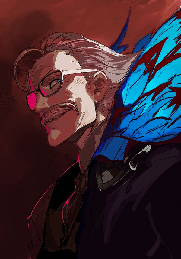 1boy blue_eyes bug butterfly facial_hair fate/grand_order fate_(series) formal from_side glasses gradient gradient_clothes grey_hair insect james_moriarty_(fate/grand_order) light long_sleeves looking_at_viewer male_focus mustache pako shadow shiny shiny_hair simple_background sketch smile solo upper_body vest white_hair