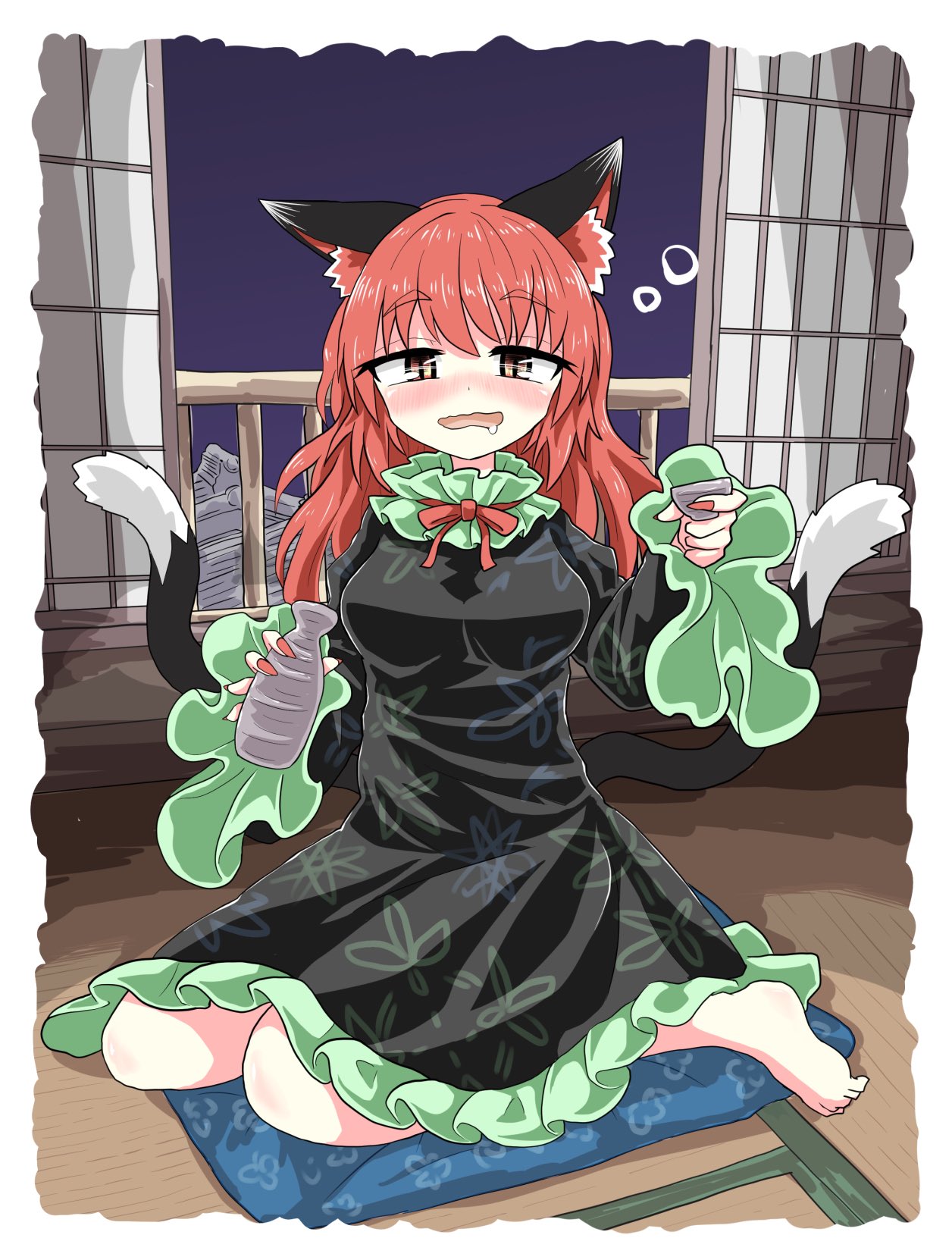 1girl alcohol alternate_hairstyle animal_ears bare_legs black_dress blue_carpet bubble cat_ears chups dress drunk extra_ears eyebrows_visible_through_hair frilled_dress frills green_frills highres kaenbyou_rin long_sleeves multiple_tails red_eyes red_nails red_neckwear redhead shrine tail touhou two_tails