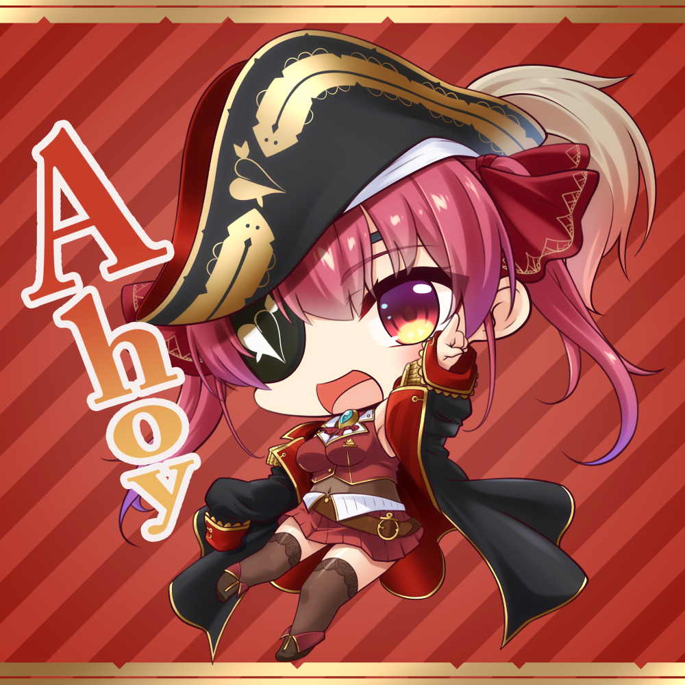 1girl :d bangs bare_shoulders bicorne black_headwear black_jacket blush boots breasts brown_footwear brown_legwear catchphrase chibi commentary_request covered_navel diagonal_stripes epaulettes eyebrows_visible_through_hair eyepatch full_body hair_between_eyes hair_ribbon hat hololive houshou_marine jacket long_hair long_sleeves looking_at_viewer medium_breasts open_clothes open_jacket open_mouth outstretched_arm pleated_skirt pointing red_background red_eyes red_ribbon red_shirt red_skirt redhead ribbon shachoo. shirt skirt sleeveless sleeveless_shirt sleeves_past_fingers sleeves_past_wrists smile solo striped striped_background thigh-highs thighhighs_under_boots twintails virtual_youtuber