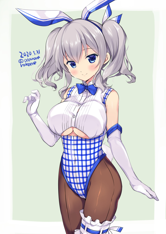 1girl adapted_costume animal_ears blue_eyes border bow bowtie breasts brown_legwear bunny_tail bunnysuit cleavage_cutout commentary_request cowboy_shot dated elbow_gloves gingham gloves grey_background kantai_collection kashima_(kantai_collection) kobeya koubeya_uniform large_breasts leotard looking_at_viewer odawara_hakone pantyhose rabbit_ears sidelocks silver_hair sleeveless solo standing tail twintails twitter_username two-tone_background under_boob wavy_hair white_border white_gloves