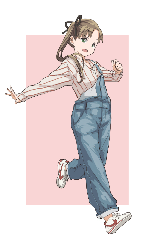 1girl alternate_costume ayanami_(kantai_collection) blue_overalls border brown_eyes brown_hair dress_shirt full_body kantai_collection long_hair long_sleeves matsutani overalls pink_background running shirt shoes side_ponytail smile sneakers solo striped striped_shirt two-tone_background white_border