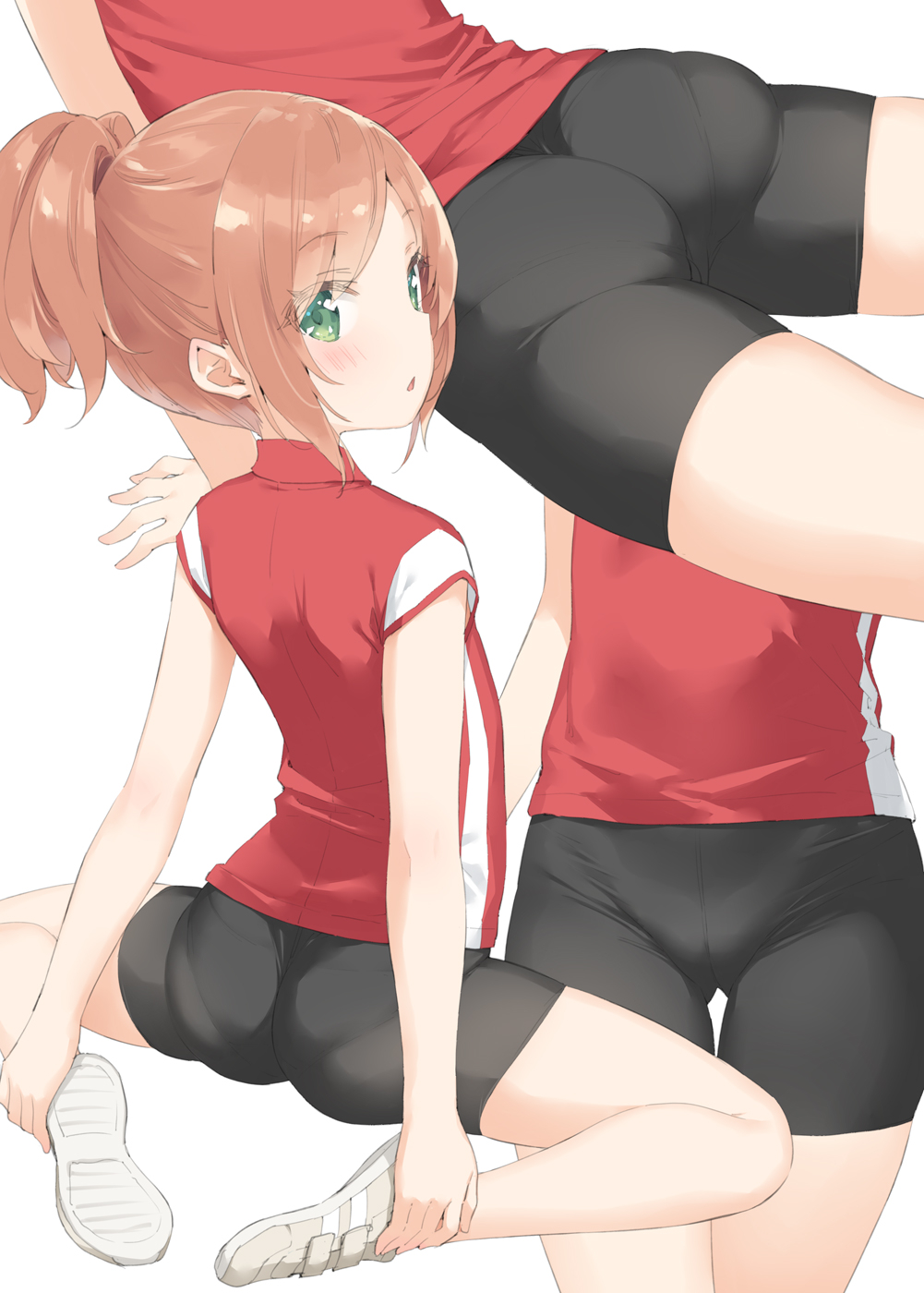 1girl ass bare_legs bike_shorts blush brown_hair eyebrows_visible_through_hair fanbox_reward flat_chest from_side green_eyes highres looking_at_viewer minazuki_sarami multiple_views original paid_reward pantylines parted_lips peko short_hair short_ponytail sitting triangle_mouth