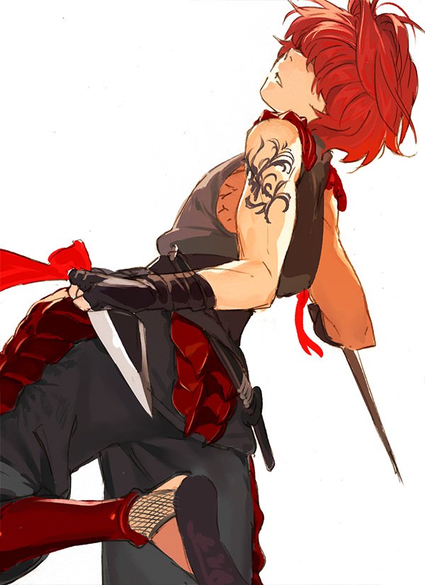 1boy armor bangs bare_shoulders fate/grand_order fate_(series) fingerless_gloves fuuma_kotarou_(fate/grand_order) gloves hair_over_eyes japanese_clothes kunai looking_at_viewer looking_back ninja open_mouth pako redhead revealing_clothes sandals scarf shiny shiny_hair shoulder_tattoo solo tattoo upper_body weapon white_background