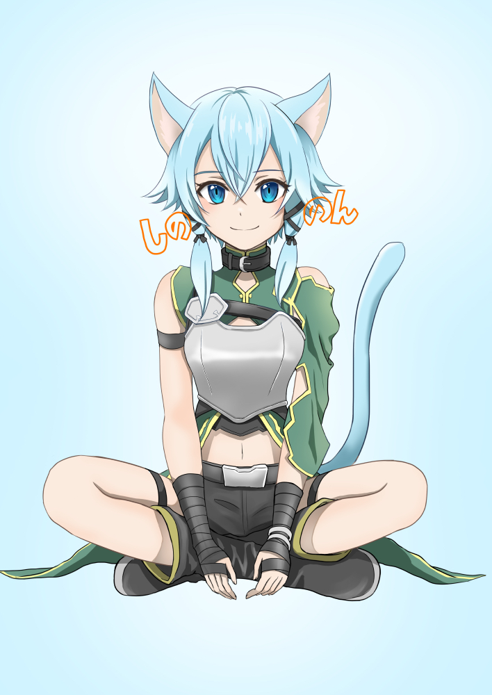 1girl animal_ears asymmetrical_sleeves black_footwear black_ribbon black_shorts blue_eyes blue_hair boots breastplate cat_ears cat_tail closed_mouth collar full_body hair_between_eyes hair_ribbon indian_style looking_at_viewer midriff navel ribbon shiny shiny_hair short_hair_with_long_locks short_shorts shorts sidelocks single_sleeve sinon_(sao-alo) sitting smile solo stomach sword_art_online tail thigh_strap white_background yuki_(angieee)