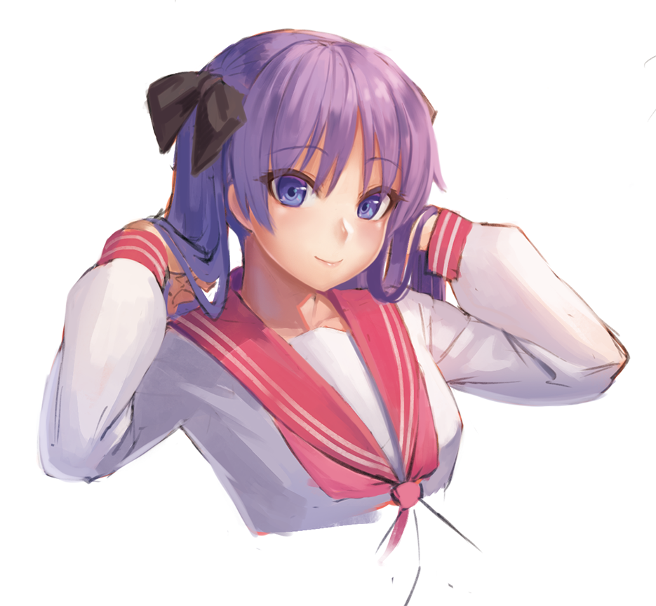 1girl arms_up bangs black_bow blue_eyes blush bow breasts closed_mouth commentary_request ear eyebrows_visible_through_hair hair_lift hiiragi_kagami long_hair looking_at_viewer lucky_star pink_sailor_collar purple_hair ranma_(kamenrideroz) sailor_collar school_uniform serafuku shirt simple_background smile solo upper_body white_background white_shirt