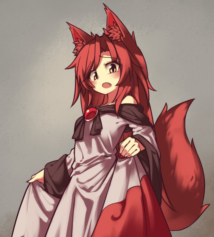 1girl animal_ear_fluff animal_ears blush brooch brown_hair cowboy_shot dress english_commentary fang imaizumi_kagerou jewelry lirilias long_hair long_sleeves looking_at_viewer off-shoulder_dress off_shoulder open_mouth red_nails solo tail touhou werewolf white_dress wolf_ears wolf_tail yellow_eyes
