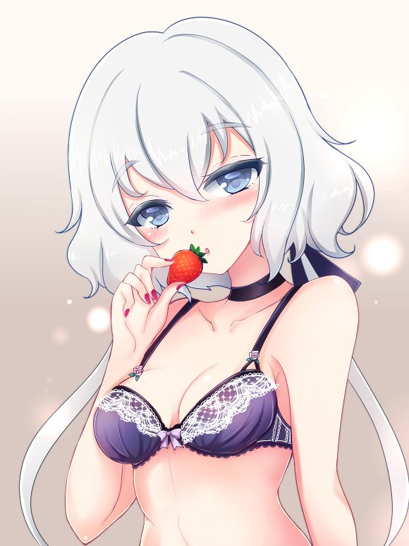 1girl :o bangs black_choker black_ribbon blue_eyes blush bow bow_bra bra breasts choker commentary eyebrows_visible_through_hair food fruit hair_ribbon half-closed_eyes holding holding_food holding_fruit konno_junko lace lace-trimmed_bra long_hair looking_at_viewer low_twintails makeup mascara medium_breasts nail_polish parted_lips red_nails ribbon silver_hair solo strawberry terimuku twintails underwear underwear_only upper_body zombie_land_saga