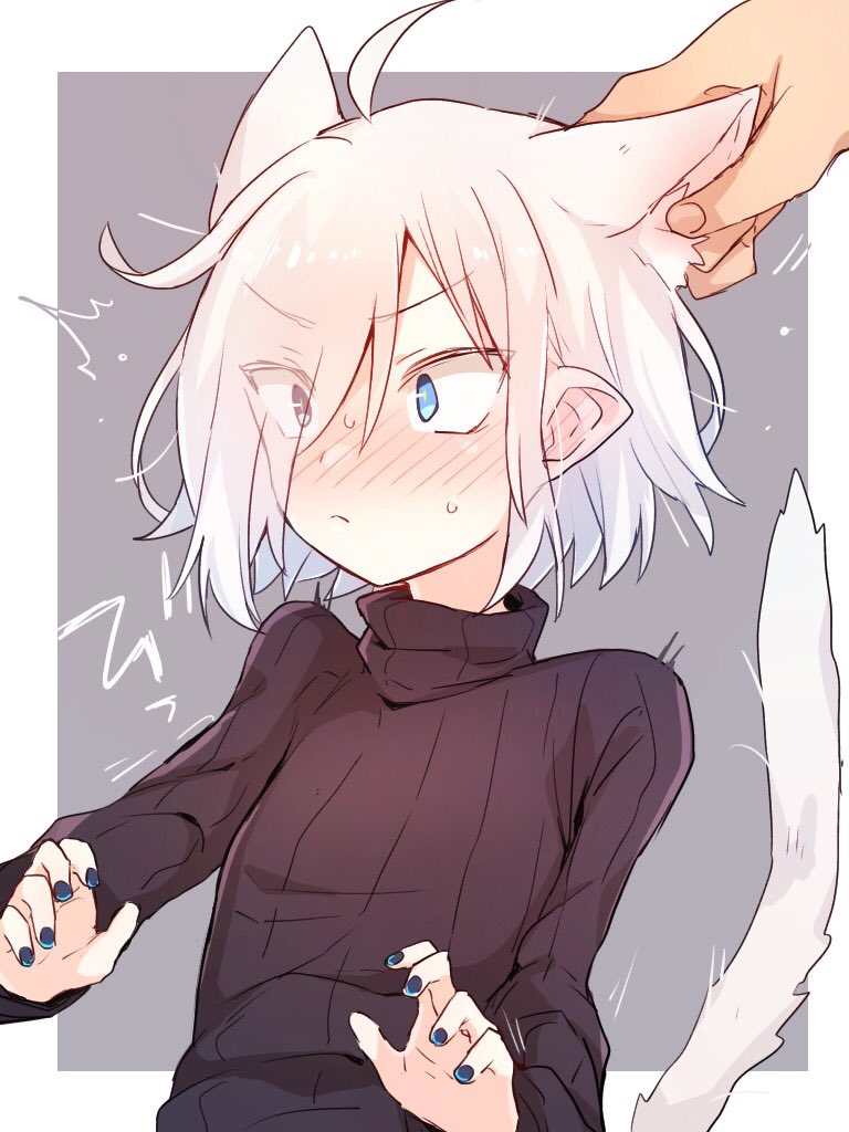 1girl ahoge animal_ears blue_eyes blue_nails blush cat_ears cat_tail ear_pull elf extra_ears eyebrows_visible_through_hair hair_over_one_eye higashi_shino nail_polish original pointy_ears solo sweater tail turtleneck turtleneck_sweater white_hair