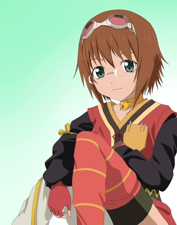 1girl brown_hair choker closed_mouth glasses gloves goggles goggles_on_head green_eyes looking_at_viewer ribonzu rita_mordio short_hair simple_background smile solo tales_of_(series) tales_of_vesperia thigh-highs