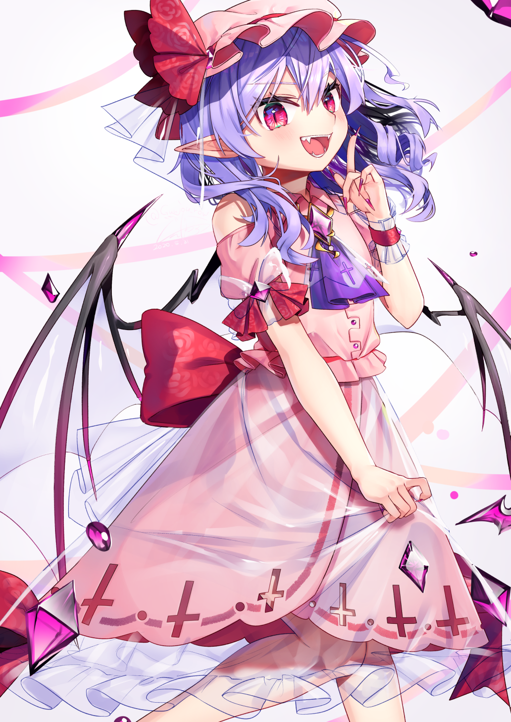 1girl :d ascot bat_wings fangs gunjou_row hat highres index_finger_raised long_hair looking_at_viewer mob_cap nail_polish open_mouth pink_headwear pink_skirt pointy_ears purple_hair purple_neckwear red_eyes red_nails remilia_scarlet short_sleeves skirt slit_pupils smile solo teeth touhou wings wrist_cuffs