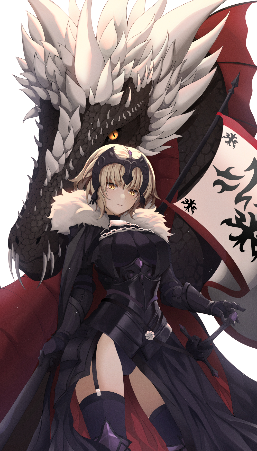 1girl armor armored_dress bangs banner black_capelet black_dress black_legwear black_panties blonde_hair blunt_bangs breasts capelet chain chinchilla_(ynfy4577) dragon dress fate/grand_order fate_(series) garter_straps gauntlets headpiece highres horns jeanne_d'arc_(alter)_(fate) jeanne_d'arc_(fate)_(all) large_breasts looking_at_viewer monster panties pantyshot scales sharp_teeth sheath sheathed short_hair simple_background solo sword teeth thigh-highs underwear v-shaped_eyebrows weapon white_background yellow_eyes