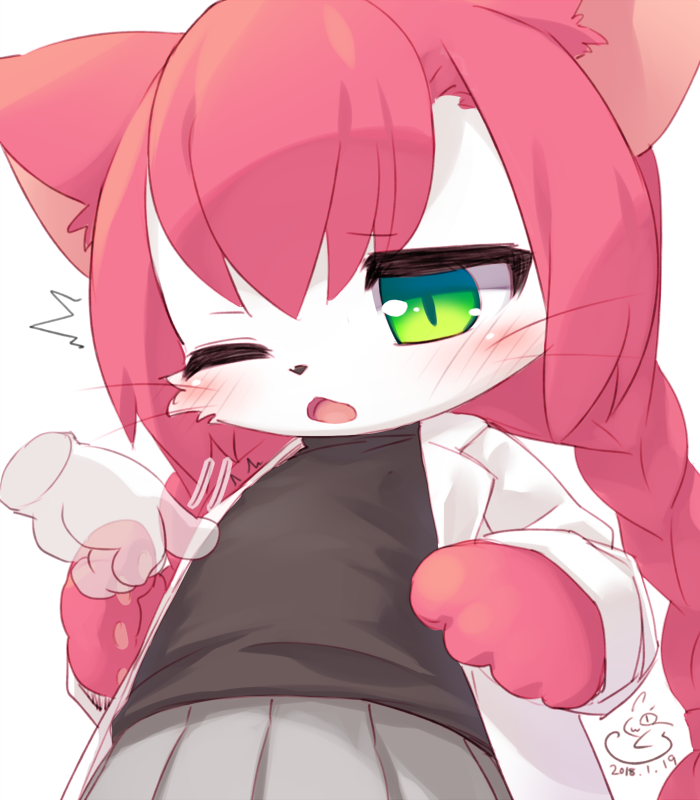 1girl animal_ears animal_nose blush cat cat_busters cat_ears cat_girl commentary_request covered_nipples dated disembodied_limb furry green_eyes grey_skirt hair_between_eyes mizuki_kotora neko_hakase_(cat_busters) one_eye_closed open_mouth pawpads pink_fur pink_hair pleated_skirt signature skirt slit_pupils solo twintails two-tone_fur upper_body whiskers white_fur