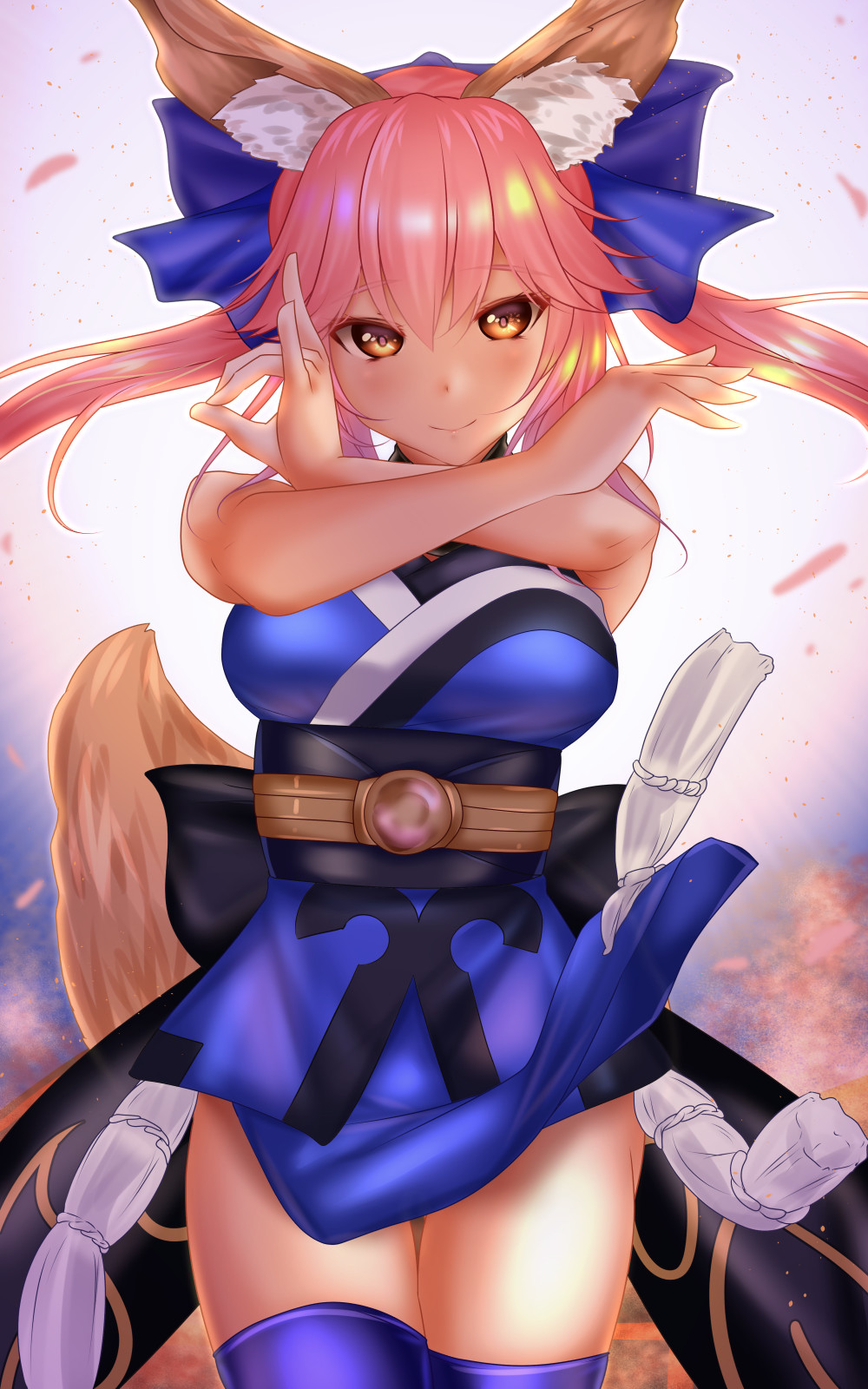 1girl \m/ animal_ear_fluff animal_ears blue_kimono blue_legwear blue_ribbon blush breasts commentary commentary_request eyebrows_visible_through_hair fate/extella fate/extra fate/extra_ccc fate/grand_order fate_(series) fox fox_ears fox_girl fox_shadow_puppet fox_tail hair_ribbon hand_gesture highres japanese_clothes kimono large_breasts looking_at_viewer pink_hair ribbon shadow_puppet shounen_(hogehoge) sign_language solo tail tamamo_(fate)_(all) tamamo_no_mae_(fate) yellow_eyes