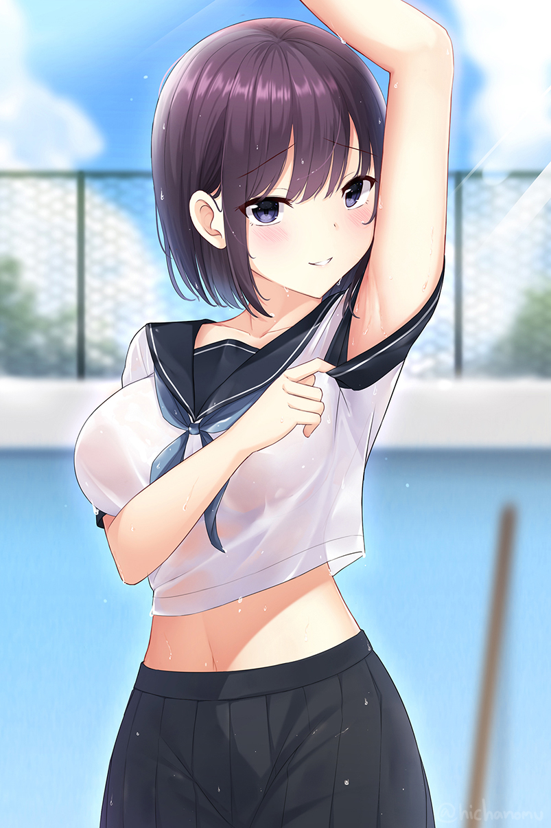 1girl arm_up armpits black_skirt blurry breasts collarbone crop_top crop_top_overhang day depth_of_field hicha_nomu highres large_breasts looking_at_viewer midriff navel neckerchief original outdoors parted_lips pleated_skirt pool purple_hair sailor_collar school_uniform see-through serafuku shirt short_hair short_sleeves sidelocks skirt smile solo stomach sweat upper_body violet_eyes wet wet_clothes wet_shirt white_shirt