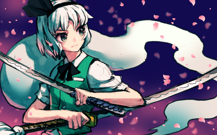 1girl black_hairband black_neckwear black_ribbon cherry_blossoms commentary_request dual_wielding green_vest hair_ribbon hairband holding holding_sword holding_weapon katana konpaku_youmu konpaku_youmu_(ghost) meimaru_inuchiyo neck_ribbon petals purple_background ribbon shirt short_hair short_sleeves solo sword tassel touhou upper_body vest weapon white_hair white_shirt