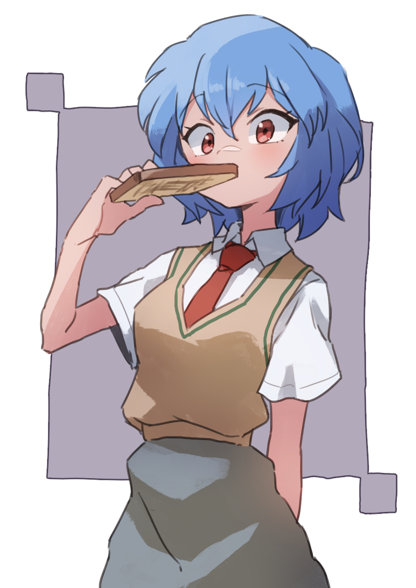 1girl arms_behind_back ayanami_rei blue_hair blush bread commentary eyebrows_visible_through_hair food food_in_mouth gazacy_(dai) grey_background hand_up highres looking_at_viewer mouth_hold necktie neon_genesis_evangelion red_eyes school_uniform short_hair simple_background solo toast toast_in_mouth